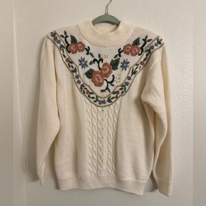 Vintage Alfred Dunner Floral Embroidered Cable Knit Sweater Large